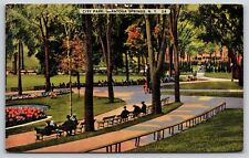Saratoga Springs New York~City Park Benches & Flowers Scene~Tichnor Vintage PC picture