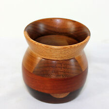 Beautiful hand carved signed treenware vase, mahogany, oak and walnut picture