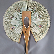 Antique CONEY ISLAND Cockade Hand Held Fan Wood Paper Souvenir Beveled Mirror picture