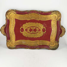 Unique large Italian Handmade Wooden Tole Tray Carved Handles Gold Gilt Italy picture