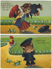 Vtg Anthropomorphic Cats Scottish Kilt Girl Dumps Sailor Boy Lot-2 Emb PCs c1909 picture