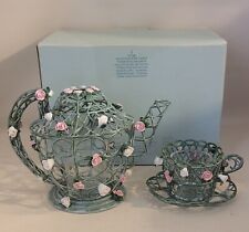 Retired Partylite Enchanted Rose Teapot And Teacup Candle Holder Set ~ See Descr picture