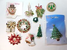 VINTAGE LOT 10 HOLIDAY CHRISTMAS ENAMEL & RHINESTONE BROOCH / PINS - GREAT DEAL picture