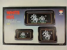 Vintage Shaddy Black Lacquered Oriental Trays Set of 3 Floral White Iris Japan picture