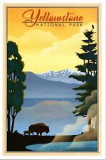 Yellowstone National Park Bison & Lake Lithograph Lantern Press postcard picture