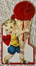 Unused Valentine Boy Honeycomb Ice Cream Cone Vtg Greeting Card 1950s 1960s picture