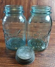 Vintage Lot Of 2 Quart Aqua Blue Ball Perfect Mason Canning Jars. One lid picture