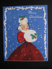 1942 vintage greeting card CHRISTMAS Woman w/ Muff & Hat w/ Sprigs of Holly picture