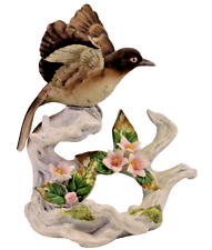 Vintage Lefton Jay Bird Figurine Sitting on Branch Pink Flowers Porcelain #KW440 picture