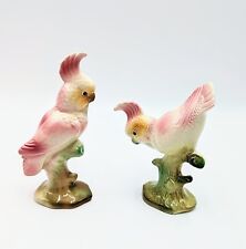 PAIR Vintage Pink Cockatoo Parrot Figurines MCM Pottery Bird Statue Palm Springs picture