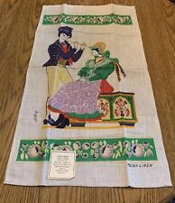 Vintage Polish Signed Tea Towel Linen Festive Folk Art Hand Printed Poland picture