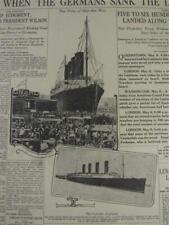 VINTAGE NEWSPAPER HEADLINES ~ WORLD WAR 1 GERMANS SINK LUSITANIA DISASTER  1915 picture