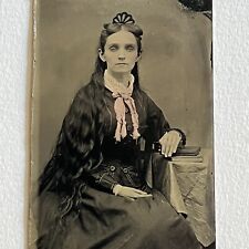 Antique Tintype Photograph Beautiful Young Woman Incredible Long Hair Comb Books picture