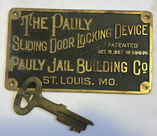 1897 PAULY JAIL BUILDING CO.  St Louis Mo.  CELL DOOR LOCKING Plaque + KEY picture
