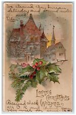 1906 Christmas House Church Holly Berries Embossed Posted Antique Postcard picture
