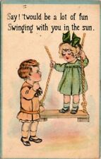 c1920 Cute Boy and Girl on Swing Valentine Vintage Holiday Postcard picture