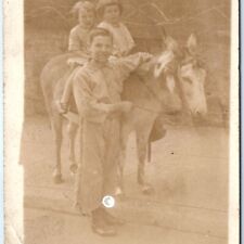 c1900s Cute Children Riding Pony Donkey RPPC Boy Cowboy Costume Real Photo A135 picture