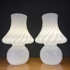 Set of 2 Vintage White Swirl MURANO Glass FUNGO MUSHROOM Table Lamps Italy 70s picture