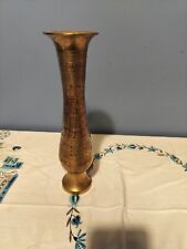 Vintage Solid Brass Hand Etched W/Red Accents 12” Tall Vase - Made In India picture