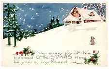 Winter Cabin Bunny Embossed Christmas Antique Postcard Posted 1924 USA picture