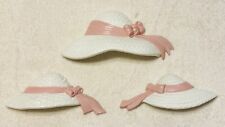 Vintage Set of 3 1980s Burwood White Straw Hats with Pink Ribbon Wall Decor picture