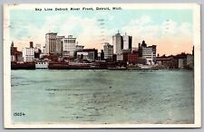 Sky Line Detroit River Front Michigan Cancel 1925 Vintage Mich WOB PM Postcard picture