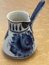 Gzhel  Vintage Hand Painted  Russian porcelain coffer pot jazva maker  Signed picture