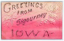 c1950's Greetings From Sigourney Sash Flowers Iowa IA Embossed Unposted Postcard picture