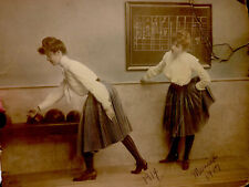 Antique Edwardian Victorian original Photograph Two Women Bowling Large Rare picture