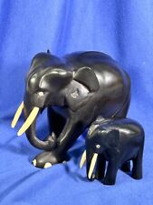 Lovely Vintage Pair Of Black Ebony Wood Hand Carved Elephants Adult and Baby picture
