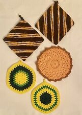 Vintage Hand Crocheted Potholders Retro Hot Pads Oven Mitts Trivets Lot Of 5 picture