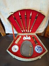 Vintage CHINESE CALLIGRAPHY SET Boxed Brushes Case Ink-Stick Chop UNUSED picture