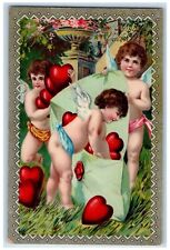 c1910's Valentine Cupid Angels With Hearts Pansies Gel Posted Antique Postcard picture