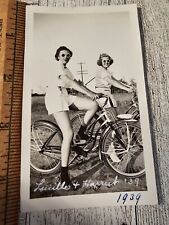Vintage Snapshot Photo 2 Girls On Bikes Round Glasses Posing 1939 picture