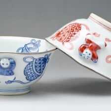 Kyo Kiyomizu yaki ware Pair Japanese Chawan Rice Bowl Bell Karako pattern Japan picture