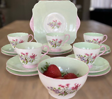 Rare Shelley 'Stocks' Green & Pink Tea Set Cake Plate, Bowl & Trios Richmond Cup picture