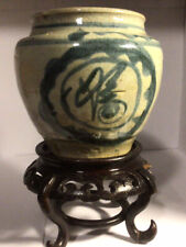 antique Chinese stoneware Vase 4 1/4” H and W gray/blue w/wood stand picture