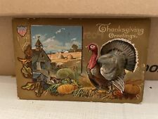 Vtg Postcard Embossed Thanksgiving Greetings Turkey Gold Bkgnd Flag Shield picture
