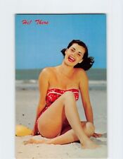 Postcard Hi There Woman in a Red Swimsuit Sitting at the Beach picture