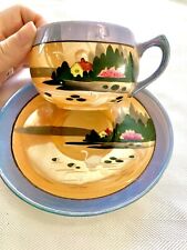 Vintage Chikaramachi Japanese Tea Cup Set Hand Painted Swans Lake picture