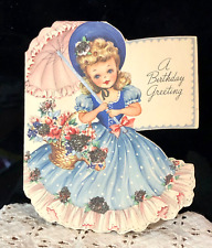 VINTAGE GIRL WITH PARASOL BIRTHDAY GREETING CARD 1940's 1950's USED picture