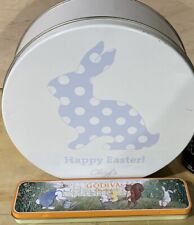 2 Tins - 1 Happy Easter “Cheryl’s” Round 8” - 1 Godiva Pencil Tin - Rabbits Duck picture
