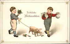 Frohliche Weihnachten New Year Boys with Lucky Piglet c1910 Vintage Postcard picture