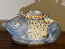 Vintage Blue White Porcelain Koi Carp Fish Decorative Teapot Tea Ceramic China picture