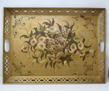Vtg Pilgrim Art Golden Metal Tray #209 Hand Decorated Floral Pattern 24 x 18” picture