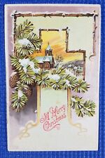 Vintage German A Merry Christmas Church Cross Snow Embossed Postcard picture
