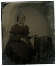 CIRCA 1860'S Hand Tinted 1/6 Plate TINTYPE Woman Wearing Black Dress by Table picture