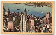 1945 NEW YORK CITY LOWER MANHATTAN ELLIS ISLAND AERIAL VIEW LINEN POSTCARD P2621 picture