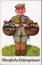 WWI German EASTER Greetings Postcard Soldier in Uniform Egg Baskets 1917 Cancel picture