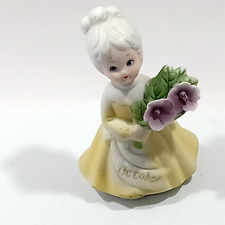 OCTOBER Birthday GIRL Bisque Yellow Figure Vtg Taiwan Purple Cosmos Flower 4 in picture